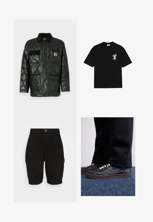 Melnā tamborētā jaka ar spīdīgu apdari, ar apkakli, četrām kabatām un melnas korduroja detaļām.; Melna kokvilnas T-krekls ar krāsainu grafiku pa kreisi uz krūtīm, attēlojošu lāci un stilizētu tekstu, ar īsām piedurknēm un apaļu kakla izgriezumu.; Melnas kokvilnas cargo šortas ar taisnu griezumu, kas aprīkoti ar divām sānu kabatām un pogu aizdari priekšā.; Nike Sportswear KILLSHOT 2 LTR PRM OPP2 - Treniņu apavi - black sail baroque brown mtlc dk grey