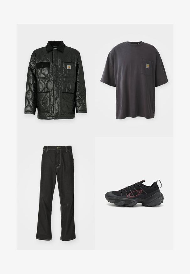 Juodas siuvinėtas džemperis su blizgesiu, turintis apykaklę, keturias kišenių kišenes ir juodus veliūro akcentus.; Juodos spalvos medvilnės marškinėliai su trumpomis rankovėmis, apvaliu iškirpimu ir kairėje krūtinės pusėje esančia kišenėle su kvadratine logotipo etikete. Paprastas ir nepuoštas dizainas.; Juodi džinsai su laisvu siluetu, turintys kontrastingas balto siūlo siūles, mygtuko uždarymą ir tiesų kojos dizainą.; Juodi sportiniai batai su tekstūruotu tinkleliu viršuje, kontrastingais raudonais akcentais ir masyviu guminio pado, turinčio apvalius sukibimus.