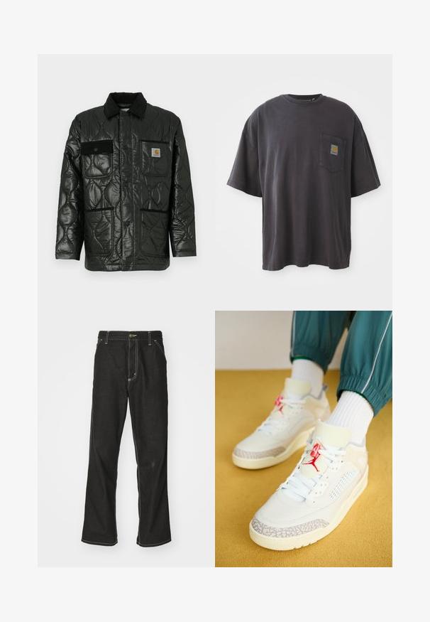 Mustikka ommeltu takki kiiltävällä pinnalla, jossa on kauluksellinen kaula, neljä läppätaskua ja musta corduroy-ylimäärä.; Mustat puuvillapaidat, joissa on lyhyet hihat, pyöreä kaula-aukko ja vasemmassa rinnassa tasku, jossa on neliölogo. Yksinkertainen ja koristelematon muotoilu.; Mustat farkut, joissa on löysä istuvuus, erottuva valkoinen ompelu, nappikiinnitys ja suora lahje.; Jordan JORDAN SPIZIKE - Matalavartiset tennarit - sail/university red/coconut milk/sandstone/smoke grey