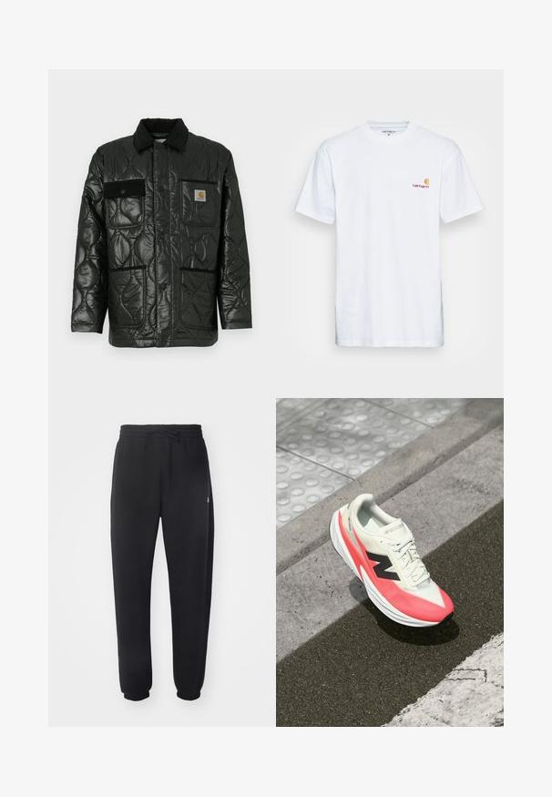 Must valgete õmblustega tikitud jope läikiva viimistlusega, millel on kraed, neli kott-taskut ja mustast korduroost detailid.; Valge puuvillane T-särk lühikeste varrukatega. Disainitud väikese oranži ja marooni logoga vasakul rinnal. Omab klassikalist ümarat kaelust.; Mugavad mustad spordipüksid pehmest materjalist, elastse vöökoha, nööridega ja kitsenevate varrukatega, külgedel on diskreetne logo.; Kerge jooksujalats, millel on kreemivärvi ülemine osa, roosad aktsendid ja must logo. Omab voolujoonelist kuju ja tekstuurset tallaosa, mis tagab haarde.