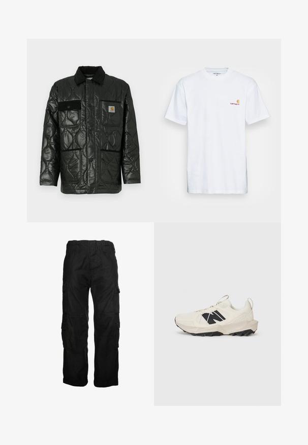Svart quiltet jakke med en blank finish, med krage, fire påsydde lommer og detaljer i svart kordfløyel.; Hvit bomull t-skjorte med korte ermer. Designet med en liten logo i oransje og mørkerød på venstre bryst. Har en klassisk rund hals.; Svarte cargo-bukser laget av bomull, med flere sidelommer, elastisk midje og en avslappet passform. Glatt tekstur med sømdetaljer.; Lys beige sneaker med mesh-overdel, sort logo og teksturert såle. Akzentuert med et geometrisk mønster på mellomsålen.