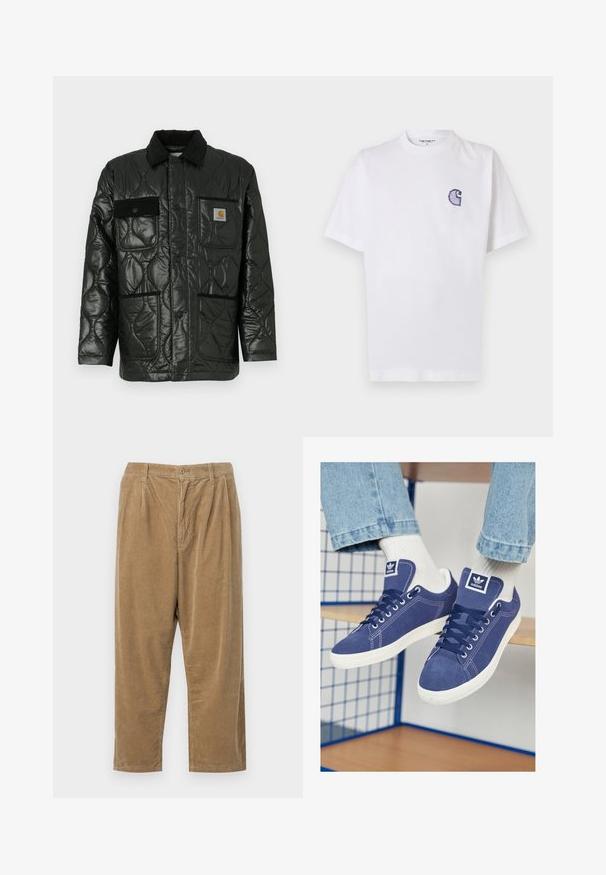 Black quilted jacket with a shiny finish, featuring a collared neck, four patch pockets, and black corduroy accents.; White cotton t-shirt with short sleeves, round neckline, and a small, embroidered blue "C" logo on the left chest area.; Corduroy pants in a light brown color with a textured ribbed pattern, featuring a button closure and relaxed fit.; Navy blue Adidas sneakers made of suede, featuring white rubber soles, round toes, and a logo patch on the tongue. Bright white socks visible.