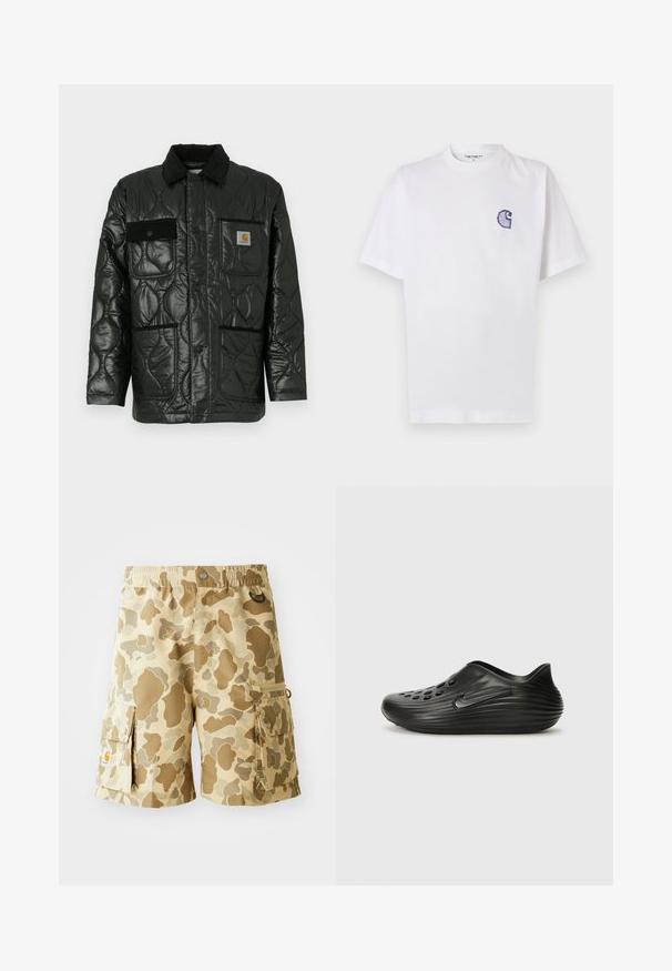Schwarze gesteppte Jacke mit glänzender Oberfläche, ausgestattet mit einem Kragen, vier aufgesetzten Taschen und schwarzen Cordura-Akzenten.; Weißes Baumwoll-T-Shirt mit kurzen Ärmeln, rundem Halsausschnitt und einem kleinen, gestickten blauen "C"-Logo auf der linken Brustseite.; Khaki-Cargo-Shorts mit einem Camouflage-Muster in Brauntönen. Ausgestattet mit einem elastischen Bund, Seitentaschen und Stoffschlaufen.; Schwarze Slipper-Clogs aus glattem Kunststoff mit einem gerippten Design, belüfteten Löchern an der Oberseite und einem dezenten seitlichen Logo.