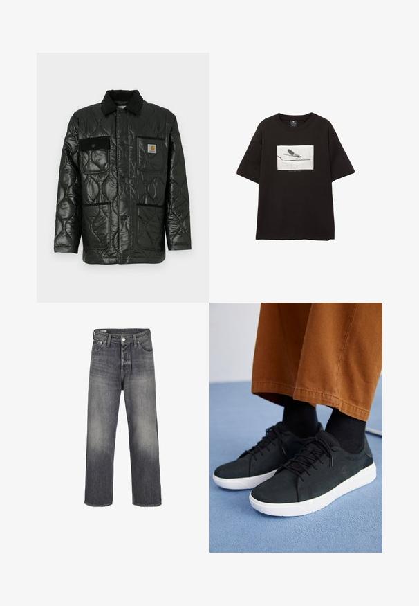 Czarna pikowana kurtka o błyszczącym wykończeniu, z kołnierzykiem, czterema naszywanymi kieszeniami i czarnymi akcentami z korduroyu.; Czarny bawełniany t-shirt z krótkim rękawem, z białą prostokątną grafiką muchy na cienkiej linii, minimalne logo poniżej obrazu.; Dżinsy w kolorze przewodniego czerni, z prostym krojem nogawek, pięcioma kieszeniami i metalowym zapięciem w pasie.; Czarne zamszowe trampki z białymi gumowymi podeszwami, z wiązaniem, teksturowanymi akcentami i subtelnym logo, w połączeniu z brązowymi spodniami.