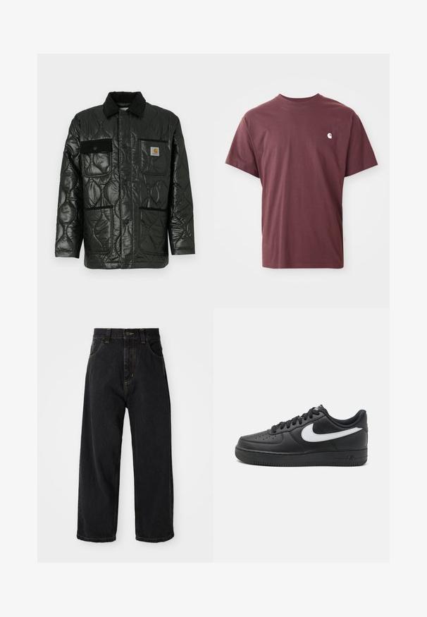 Melnā tamborētā jaka ar spīdīgu apdari, ar apkakli, četrām kabatām un melnas korduroja detaļām.; Burgundijas krāsas kokvilnas t-krekls ar īsām piedurknēm, apaļu kaklu un mazu baltu logotipu uz kreisās krūts puses. Gluda tekstūra, brīva piegriezuma.; Melnas platās kāju džinsu bikses ar augstu jostasvietu, priekšējo pogu, rāvējslēdzēju un dzelteno stitched lomu kabatām un šuvēm.; Melni Nike Air Force 1 kedai ar gludu ādas virsu, balti logotipa akcenti, perforētu purngals un teksturēta gumijas zole.