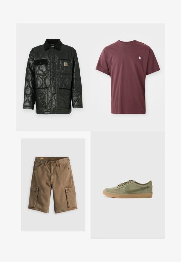 Casaco acolchoado preto com acabamento brilhante, apresentando um colarinho, quatro bolsos adesivos e acabamentos em sarja preta.; T-shirt de algodão bordô com mangas curtas, decote redondo e um pequeno logótipo branco no lado esquerdo do peito. Textura suave, ajuste descontraído.; Bermudas castanhas de algodão, apresentando dois bolsos laterais com abas, uma cintura com botão e um corte relaxado. Textura suave.; Sapatilhas de camurça verdes com sola de borracha color caramelo, bico redondo e design de atar. Apresenta o logo característico da Nike em verde mais escuro.