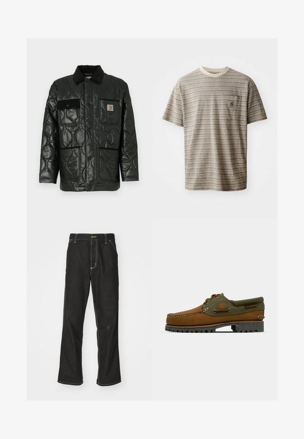 Fekete steppelt dzseki fényes felülettel, galléros nyakkal, négy zsebbel és fekete kordbársonnyal díszítve.; Rövidujjú csíkos póló bézs és barna színben, kerek nyakkivágással és logópatchelt mellzsebbel. Texturált anyag.; Fekete farmernadrág laza szabással, kontrasztos fehér varrással, gombos záródással és egyenes lábmegoldással.; Barna bőr cipő zöld textil díszítésekkel. Mokaszin stílusú dizájn, hímzett logóval és strapabíró, mély barázdájú gumitalppal rendelkezik.