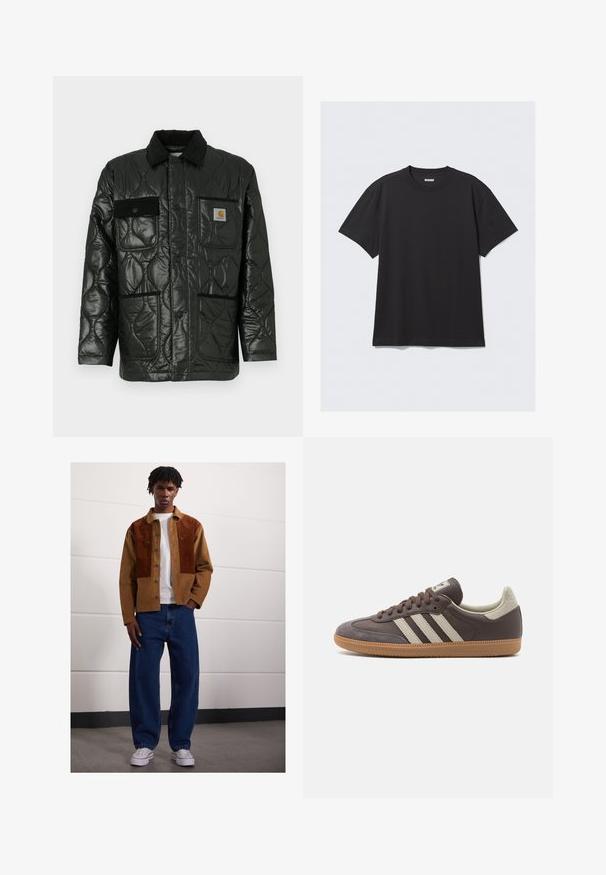 Svart quiltet jakke med en blank finish, med krage, fire påsydde lommer og detaljer i svart kordfløyel.; Svart kortermet t-skjorte laget av bomull. Har rund hals og en avslappet passform. Enkelt design uten synlige mønstre eller aksenter.; Mann som står innendørs iført en brun kordfløyelsjakke med rustfargede flekker, hvit t-skjorte, løse blå jeans og hvite sneakers.; Brune lærersneakers med tre lyse striper, gummisåle, rund tå og teksturerte semskede detaljer på hælen og tåen.