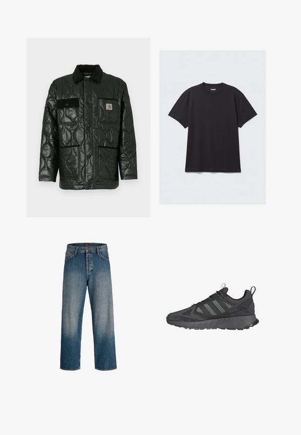 Czarna pikowana kurtka o błyszczącym wykończeniu, z kołnierzykiem, czterema naszywanymi kieszeniami i czarnymi akcentami z korduroyu.; Czarna koszulka z krótkim rękawem wykonana z bawełny. Posiada okrągły dekolt i luźny krój. Prosty design, bez widocznych wzorów czy akcentów.; Niebieskie dżinsy o luźnym kroju, prostych nogawkach, delikatnym jaśnieniu oraz metce z logo na pasku.; Czarne buty sportowe z meshową i zamszową cholewką, teksturowaną gumową podeszwą, wyściółką na kołnierzu i charakterystycznym trójpaskowym wzorem w kolorze szarym.