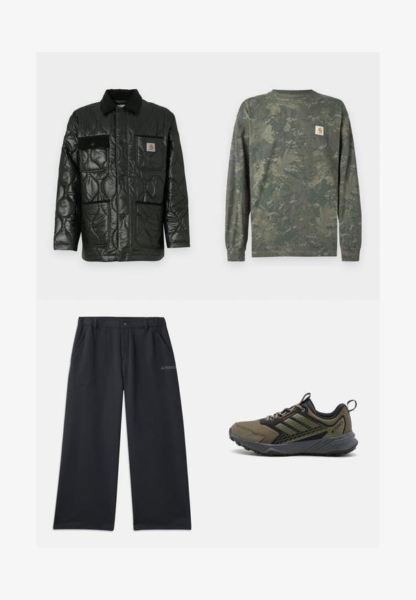 Must valgete õmblustega tikitud jope läikiva viimistlusega, millel on kraed, neli kott-taskut ja mustast korduroost detailid.; Rohelise ja pruuni tooniga pikkade varrukatega maskirovkatriiksärk, millel on vasakul rinnal väike ruudukujuline Carhartti logomärk.; Mustad välispüksid, mis on lõdva istuvusega, kaks küljetaskut ja nööpkinnitusega. Valmistatud vastupidavast, kerge kaaluga materjalist.; Roheline ja must sportlikud jalanõud, millel on tekstureeritud ülemine osa, siledad paelad ja vastupidav kummist tald koos haardemustritega.