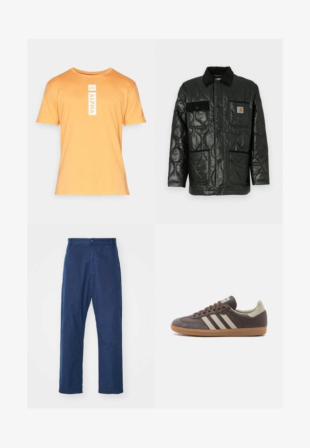 Jachetă neagră matlasată cu un finisaj lucios, având guler, patru buzunare aplicate și accente din catifea neagră.; Tricou cu mânecă scurtă, de culoare portocalie, din bumbac, cu decolteu rotund. Are un grafic vertical alb "ALPHA" pe partea din față.; Pantaloni drept, de culoare albastru închis, din bumbac. Prezintă o închidere frontală cu nasture și o textură subtilă, cu buzunare laterale și urechi pentru curea.; Tenisi din piele maro cu trei dungi de culoare deschisă, talpă din cauciuc de tip gumă, vârf rotunjit și accente din suede texturat la călcâi și vârf.