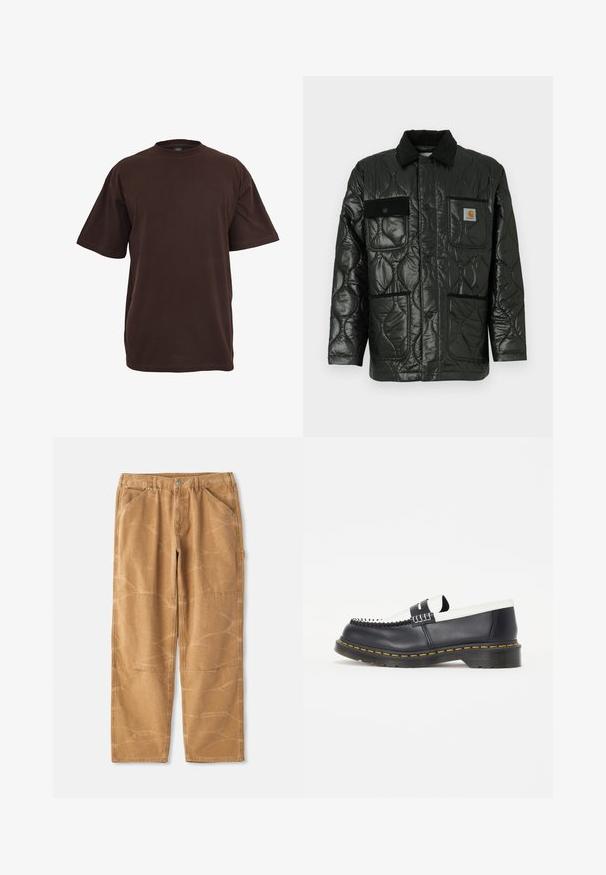 Svart quiltet jakke med en blank finish, med krage, fire påsydde lommer og detaljer i svart kordfløyel.; Brun bomull T-skjorte med korte ermer, rund hals og en avslappet passform. Glatt tekstur uten synlige mønstre eller detaljer.; Beige bomullsbukser med løs passform, synlige sømmer, lappedetaljer og en lett rynket tekstur.; Svart lær slip-on sko med hvit lærdetalj. Har dekorativ søm og en gummisåle med gult trim. Rundt tådesign.