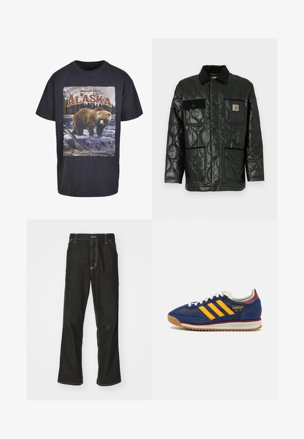 Juodas siuvinėtas džemperis su blizgesiu, turintis apykaklę, keturias kišenių kišenes ir juodus veliūro akcentus.; Juodos medvilnės marškinėliai su meškos ir žuvies grafika, su užrašais "Alaska" ir "Paskutinis pasienis". Trumpomis rankovėmis, laisvas kirpimas.; Juodi džinsai su laisvu siluetu, turintys kontrastingas balto siūlo siūles, mygtuko uždarymą ir tiesų kojos dizainą.; Jūrinis nubuko sportbačių modelis su geltonomis juostelėmis, baltais raišteliais ir bordo akcentais. Su tekstūruota padanga su grioveliais, užtikrinančiais sukibimą. Prekės ženklas ant šono.