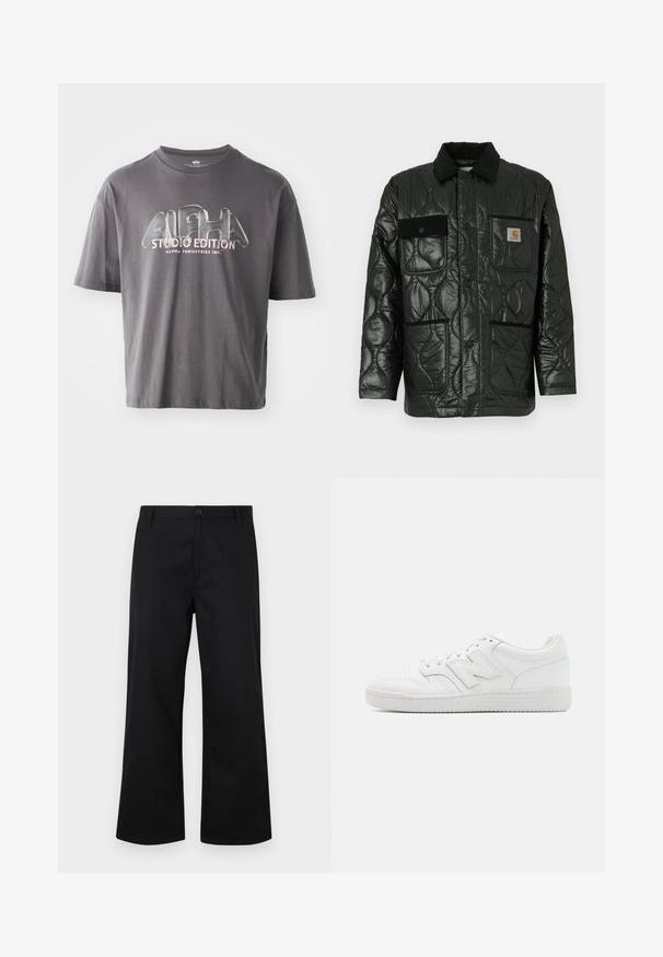 Černá prošívaná bunda s lesklým povrchem, má límeček, čtyři náprsní kapsy a černé kordové akcenty.; Šedé bavlněné tričko s krátkým rukávem, které má lesklé logo "ALPHA STUDIO EDITION" v duhovém písmu umístěné na přední straně.; Černé kalhoty s širokými nohavicemi vyrobené z hladkého materiálu. Mají zapínání na knoflíky a standardní pas. Minimalistický design, bez viditelných vzorů.; Bílé tenisky vyrobené z hladké kůže, s perforovanou špičkou, texturovanou gumovou podrážkou, plochými tkaničkami a výrazným logo 'N' na boku.