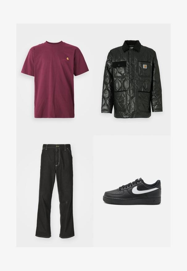 Crna kviltana jakna s sjajnom završnom obradom, koja ima ovratnik, četiri zakrčena džepa i crne baršunaste detalje.; Bordo pamučna majica s kratkim rukavima i okruglim izrezom. Ima zlatni vezeni logo na prsima. Jednostavan dizajn.; Crne traperice s opuštenim krojem, s kontrastnim bijelim šavovima, zakovicom za zatvaranje i ravnim nogavicama.; Crne Nike Air Force 1 tenisice s glatkom kožnom gornjom površinom, bijelim logotipom, perforiranim prstom i teksturiranom gumenom potplatom.