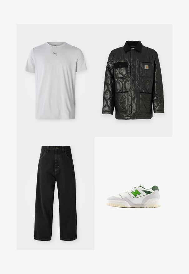 Schwarze gesteppte Jacke mit glänzender Oberfläche, ausgestattet mit einem Kragen, vier aufgesetzten Taschen und schwarzen Cordura-Akzenten.; Hellgraues Sport-T-Shirt aus weichem Material. Mit kurzen Ärmeln und rundem Ausschnitt, versehen mit einem kleinen schwarzen Puma-Logo auf der Brust.; Schwarze, weit geschnittene Jeans mit hoher Taille, vorderem Knopf, Reißverschluss und gelben Nähten an Taschen und Nähten.; Weiße Sneaker mit grünen Akzenten, aus Leder und Wildleder gefertigt. Verfügt über eine strukturierte Oberseite, einen gepolsterten Kragen und eine Gummisohle mit sichtbarem Profil.