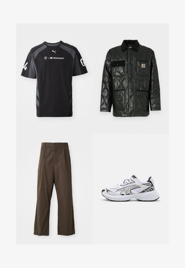 Juodas siuvinėtas džemperis su blizgesiu, turintis apykaklę, keturias kišenių kišenes ir juodus veliūro akcentus.; Juodos spalvos marškinėliai su pilkais akcentais, trumpomis rankovėmis, apvalia iškirpte, ant kurių yra BMW ir Puma logotipai bei skaičius '4' ant rankovės.; Rudi, plačios kojos kelnės, pagamintos iš medvilnės, su priekiniais mygtukais, diržo kilpomis ir lygiu, matinio paviršiaus tekstūra.; Baltas sportinis batelis su juodais akcentais. Tinklelis ir sintetinė viršutinė dalis, storas padas ir išlenktas dizainas. Yra raišteliai priekyje ir logotipo detalės.