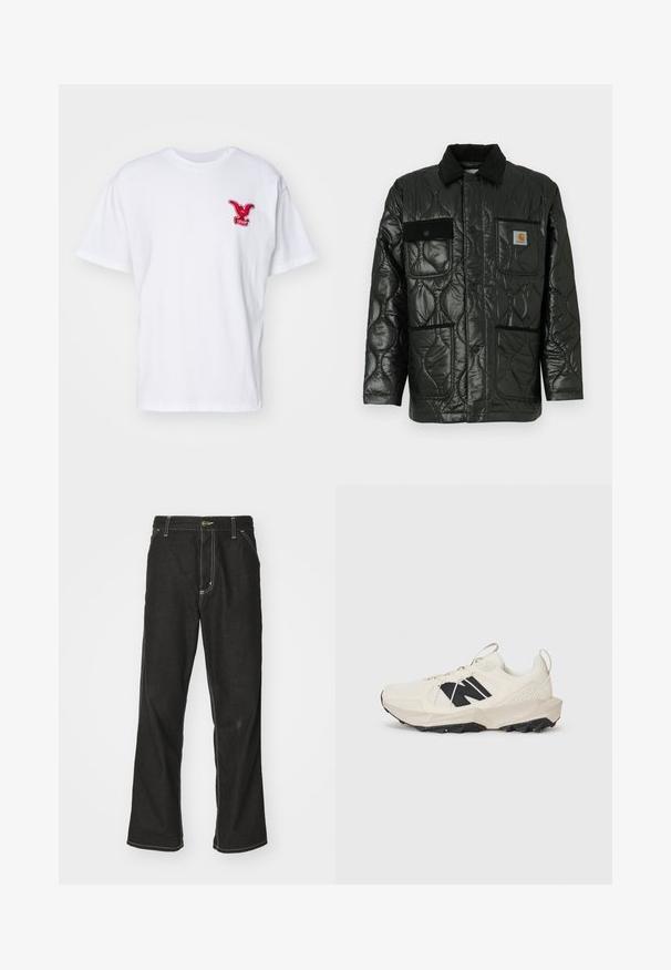 Juodas siuvinėtas džemperis su blizgesiu, turintis apykaklę, keturias kišenių kišenes ir juodus veliūro akcentus.; Levi's® VINTAGE FIT GRAPHIC - Marškinėliai su spaudiniu - bi eagle white; Juodi džinsai su laisvu siluetu, turintys kontrastingas balto siūlo siūles, mygtuko uždarymą ir tiesų kojos dizainą.; Šviesiai bežiniai sportiniai bateliai su tinkleliu viršuje, juodu logotipu ir tekstūruotu padaisu. Pabrėžti geometriniu raštu ant tarpdalio.