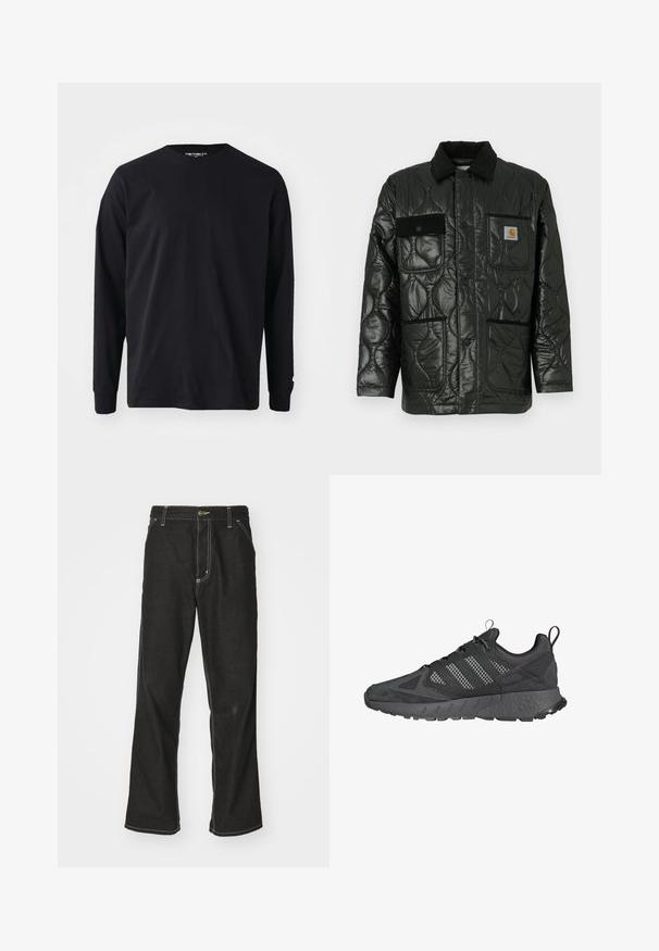 Juodas siuvinėtas džemperis su blizgesiu, turintis apykaklę, keturias kišenių kišenes ir juodus veliūro akcentus.; Juoda ilgaa rankovė t-shirt pagaminta iš medvilnės, su apvaliu kaklu ir tiesiu kirpimu, su mažo logotipo detale ant rankovės.; Juodi džinsai su laisvu siluetu, turintys kontrastingas balto siūlo siūles, mygtuko uždarymą ir tiesų kojos dizainą.; Juodos sportinės bateliai su tinkline ir zomšine viršūne, tekstūruotu gumo padu, paminkštintu kraštu ir išskirtiniu trijų juostų dizainu pilkoje spalvoje.