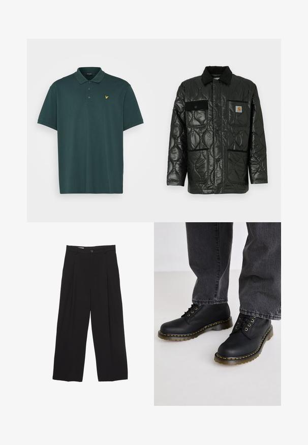 Černá prošívaná bunda s lesklým povrchem, má límeček, čtyři náprsní kapsy a černé kordové akcenty.; Lyle & Scott PLAIN - Polotričko - teal; Černé kalhoty širokého střihu vyrobené z hladké látky, s plochým pasem, předními záhyby a jedním knoflíkem na zapínání.; Černé kožené šněrovací boty s texturovaným povrchem, silnou gumovou podrážkou a žlutými švy, spárované se šedými džíny.
