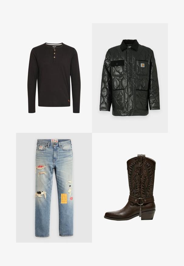 Črna prešita jakna z sijajno površino, ki ima ovratnik, štiri našitne žepe in črne kordne detajle.; Črna majica z dolgimi rokavi iz mehkega blaga, z okroglim izrezom, gumbastim zapenjanjem z lesenimi gumbi in majhno oznako na robu.; Svetlo modri jeans z ležernim rezom, z obrzdanimi področji v različnih barvah in vzorcih, vključno z oranžnimi in rdečimi detajli.; Bershka Škornji v kavbojskem/motorističnem slogu - brown