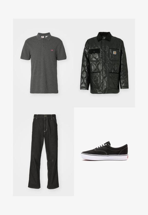 Čierna prešívaná bunda s lesklým povrchom, s golierom, štyrmi našitými vreckami a čiernymi zamatovými akcentmi.; Levi's® Polokošeľa - dark charcoal heather; Čierne denimové nohavice s voľným strihom, s kontrastným bielym prešívaním, uzáverom na gombík a rovnými nohavicami.; Čierne plátenné tenisky s bielymi šnúrkami, kontrastným bielym prešívaním a bielou gumovou podrážkou. Vyznačujú sa nízkym profilom a nenápadným brandingom.