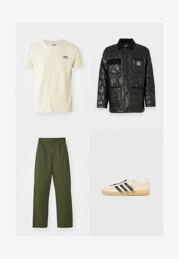 Μαύρο επενδυμένο μπουφάν με γυαλιστερή υφή, που διαθέτει κολάρο, τέσσερις ραμμένες τσέπες και μαύρες βελούδινες λεπτομέρειες.; Ανοιχτό κίτρινο βαμβακερό μπλουζάκι με κοντά μανίκια, στρογγυλή λαιμόκοψη και ένα μικρό μωβ λογότυπο στο αριστερό στήθος με στιλιζαρισμένα γράμματα και στοιχεία σχεδίασης.; Ελαιοπράσινα παντελόνια με ψηλή μέση και ίσια γραμμή. Φτιαγμένα από ελαφρύ ύφασμα, με πτυχές μπροστά και κλείσιμο με κουμπί.; Ανοιχτόχρωμο sneakers κρέμα με μαύρες τρεις λωρίδες, υφασμάτινο επάνω μέρος, στρογγυλή μύτη και καουτσούκ σόλα. Διαθέτει κορδόνια και λογότυπο στο πλάι.