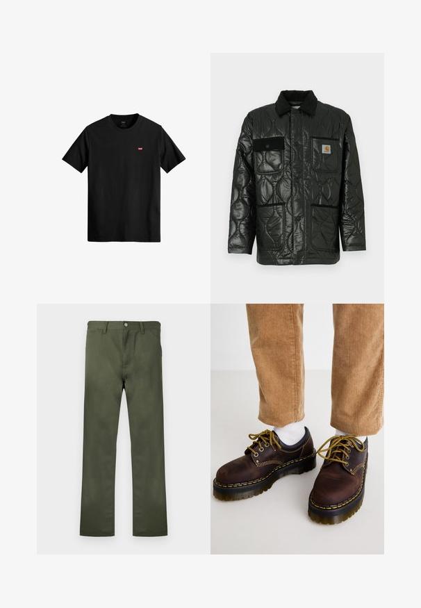 Black quilted jacket with a shiny finish, featuring a collared neck, four patch pockets, and black corduroy accents.; Black cotton t-shirt with a crew neck, short sleeves, and a small red Levi's logo on the left chest. Lightweight and simple design.; Olive green trousers made of durable fabric, featuring a straight-leg design, front pockets, and a button closure. Smooth texture.; Brown leather shoes with yellow stitching, round toe, thick platform sole, and contrasting black accents. Worn with white socks and corduroy pants.