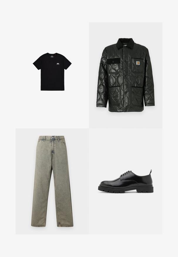 Črna prešita jakna z sijajno površino, ki ima ovratnik, štiri našitne žepe in črne kordne detajle.; Črna kratka majica s kratkimi rokavi iz bombaža. Ima majhen bel logo na levem prsnem delu in oznako na stranski šiv. Preprost dizajn.; Široke denim hlače v zbledeli sivi barvi, ki imajo gumbe namesto zadrge in tradicionalno zasnovo s petimi žepi ter vidnimi šivi.; Črne usnjene čevlje za vezanje z zaobljenim nosom, gladko teksturo in rebrastim gumijastim podplatom. Imajo majhno peto in zanka na zadnji strani.