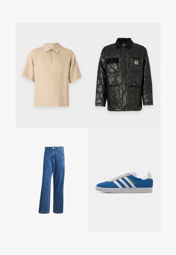 Fekete steppelt dzseki fényes felülettel, galléros nyakkal, négy zsebbel és fekete kordbársonnyal díszítve.; Beige rövid ujjú polo póló nyakkal és rövid cipzárral a nyakán, sima anyagból készült, laza szabással.; Kék, magas derekú, bő szárú farmernadrág elülső zsebekkel, övhurkokkal, gombos záródással és kicsi Adidas logóval a jobb combon.; adidas Originals ADIDAS GAZELLE SHOES - Beltéri futballcipő - real madrid/bluebird/footwear white/crew yellow