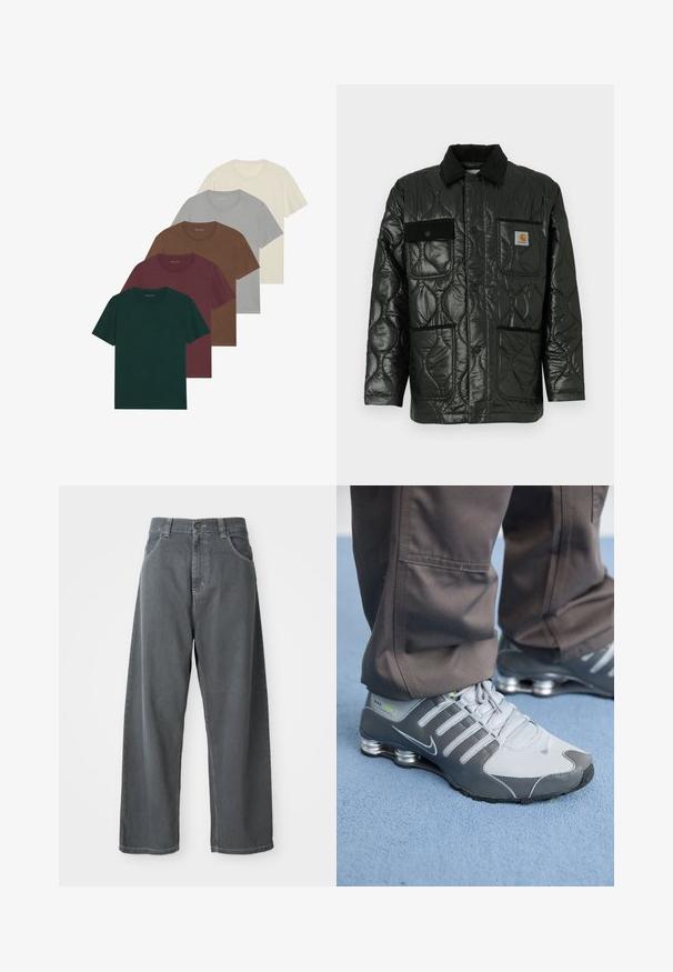 Svart quiltet jakke med en blank finish, med krage, fire påsydde lommer og detaljer i svart kordfløyel.; Fem crewneck t-skjorter i forskjellige farger: mørkegrønn, burgunder, brun, lys grå og krem; alle har korte ermer og en jevn tekstur.; Grå denim vide bukser med høj talje, med forlommer, bælteskydere og en knaplukning i taljen.; Grå og sølv Nike Shox-sneakers har et slankt design, med mesh- og syntetiske materialer, en rund tå og en polstret krage.