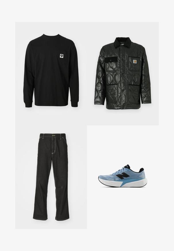 Fekete steppelt dzseki fényes felülettel, galléros nyakkal, négy zsebbel és fekete kordbársonnyal díszítve.; Fekete, hosszúujjú pamut póló, kerek nyakkivágással és szív logóval, valamint szöveggel ellátott mellzsebbel.; Fekete farmernadrág laza szabással, kontrasztos fehér varrással, gombos záródással és egyenes lábmegoldással.; Világoskék futócipő fekete logóval, vastag fehér talppal és fekete bélésbel, oldalnézetből, fehér háttér előtt.