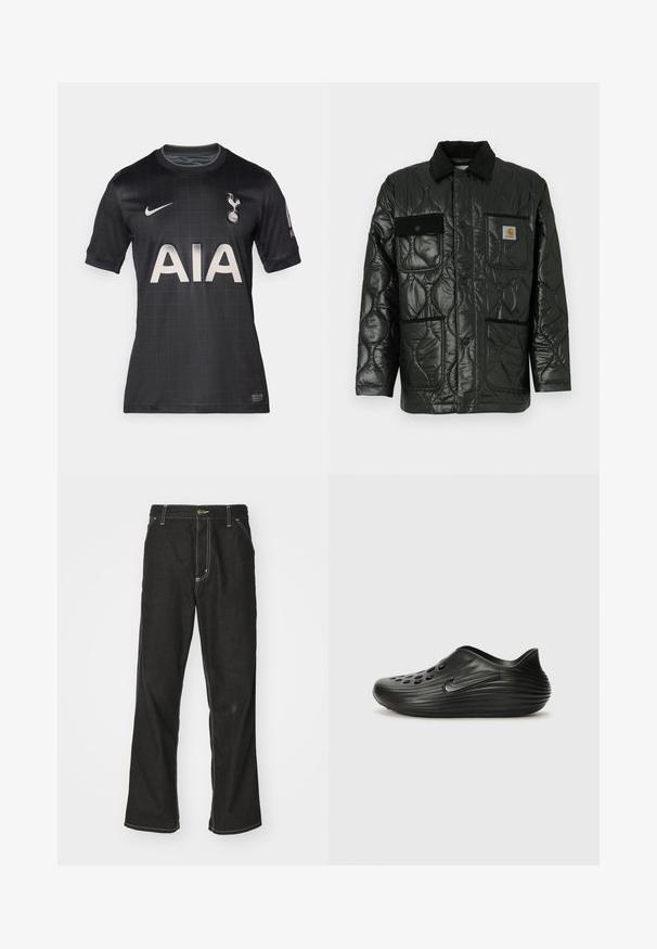 Svart vadderad jacka med en glänsande finish, med krage, fyra påsydda fickor och svarta kordfluwelexempel.; Svart fotbollsbooster med ett rutmönster, med rund halsringning, korta ärmar och AIA-logotypen tydligt visas i vitt. Nike-swoosh ingår.; Svarta denimjeans med en lös passform, med kontrasterande vita sömmar, knäppning och raka ben.; Svarta halkskydd i plast med slät yta, ribbad design, perforerade hål på ovandelen och en subtil sidologotyp.