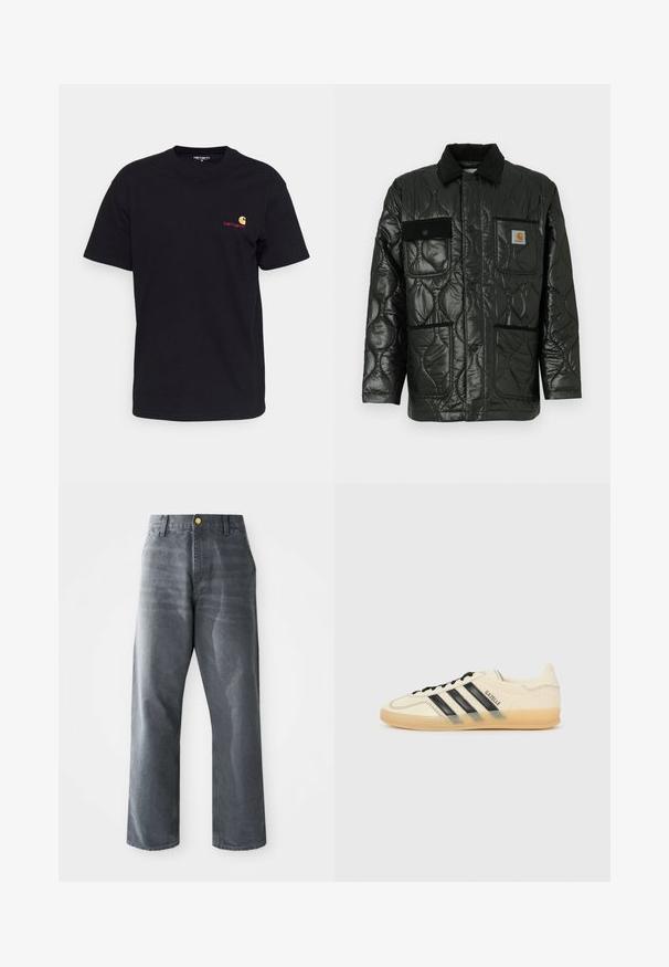Svart quiltet jakke med en blank finish, med krage, fire påsydde lommer og detaljer i svart kordfløyel.; Svart bomull t-skjorte med korte ermer, rund hals og liten fargerik logo på venstre bryst. Klassisk snitt med en jevn tekstur.; Løse herrejeans med vid benvidde i grå denim, med foran lommer og en enkelt synlig gullknapp i midjen.; Lys kremfarget sneaker med svart tre-stripes design, teksturert overdel, rund tå og gummisåle. Har snøring og merke på siden.