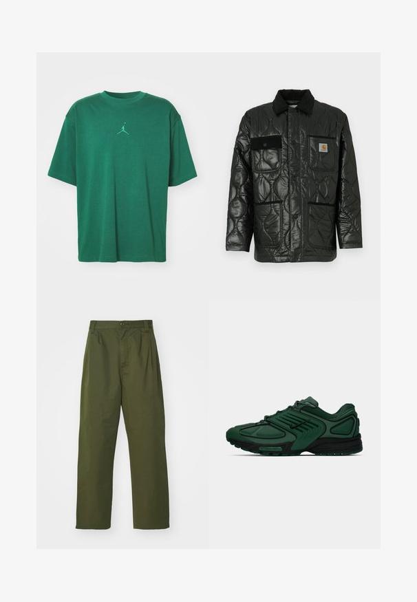Black quilted jacket with a shiny finish, featuring a collared neck, four patch pockets, and black corduroy accents.; Green cotton T-shirt with a relaxed fit, featuring a small embroidered Jumpman logo in matching green on the chest. Short sleeves.; Olive green, high-waisted pants with a straight leg design. Made of a lightweight fabric, featuring front pleats and a button closure.; Dark green Nike running shoe with black accents, mesh upper, laces, and full-length Nike Air sole on a white background.