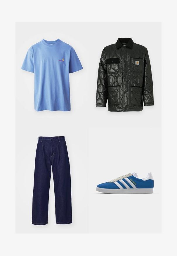 Black quilted jacket with a shiny finish, featuring a collared neck, four patch pockets, and black corduroy accents.; Light blue cotton T-shirt with short sleeves and a round neckline. Features a small orange and red logo on the left chest area.; Dark blue denim jeans, wide-leg design, high waist, featuring a button closure and classic five-pocket styling. Smooth texture, subtle stitching.; adidas Originals ADIDAS GAZELLE SHOES - Indoor football boots - real madrid/bluebird/footwear white/crew yellow