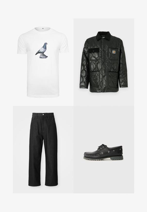Chaleco negro acolchado con un acabado brillante, que presenta un cuello con solapa, cuatro bolsillos tipo parche y detalles en corduroy negro.; Camiseta de algodón blanca con un gráfico de una paloma posada sobre un par de zapatillas, con un detallado colorido y sombreado en el pájaro.; Pantalones de mezclilla negros con un corte relajado, cintura alta, cierre de cremallera y diseño de cinco bolsillos. Costuras visibles que realzan el diseño.; Zapato negro de textura con cordones, puntera redonda, ojales de metal y suela de goma gris rugosa. Presenta un patrón tejido en la parte superior.