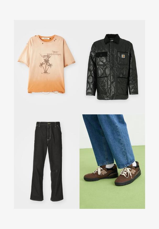 Juodas siuvinėtas džemperis su blizgesiu, turintis apykaklę, keturias kišenių kišenes ir juodus veliūro akcentus.; Smėlio ir oranžinės spalvos gradientas, suplėšytas marškinėliai su plyšiais, su grafika, vaizduojančia martini taurę ir palmę, ir tekstu "Naktinis klubas".; Juodi džinsai su laisvu siluetu, turintys kontrastingas balto siūlo siūles, mygtuko uždarymą ir tiesų kojos dizainą.; Rudos suede sportbačiai su juodais akcentais ir balta logo, su baltais raišteliais ir tekstūruotu juodu guminio pado. Dėvimi su mėlynomis džinsinėmis kelnėmis.