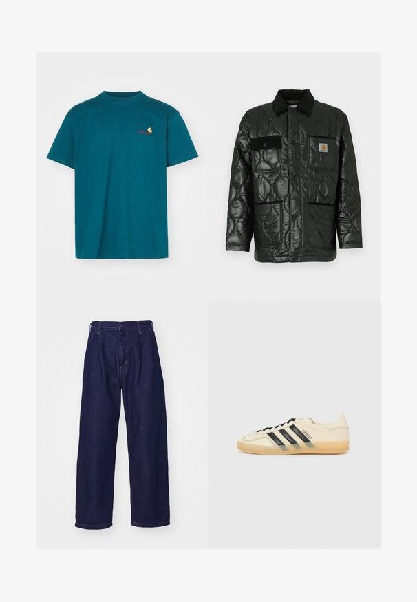 Zwarte gewatteerde jas met een glanzende afwerking, voorzien van een kraag, vier opgestikte zakken en zwarte corduroy accenten.; Turquoise katoenen t-shirt met een ronde hals. Bevat een klein oranje en rood logo op de linkerborst. Korte mouwen en een losse pasvorm.; Donkerblauwe spijkerbroek, wijd uitlopende stijl, hoge taille, met een knoopsluiting en klassieke vijf-pocket styling. Vlotte textuur, subtiele stiksels.; Lichte crèmekleurige sneaker met zwart drievoudig streepdesign, gestructureerde bovenkant, ronde neus en gumrubberen zool. Heeft veters en merklogo op de zijkant.