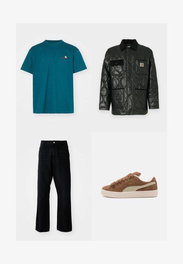 Black quilted jacket with a shiny finish, featuring a collared neck, four patch pockets, and black corduroy accents.; Teal cotton t-shirt with a crew neckline. Features a small orange and red logo on the left chest. Short sleeves and a relaxed fit.; Black denim trousers with a relaxed fit, featuring a gold button, five-pocket design, and straight leg cut. Smooth texture.; Brown suede sneaker with cream accents, flat laces, textured white rubber sole, and gold logo detail on the side. Classic low-top design.