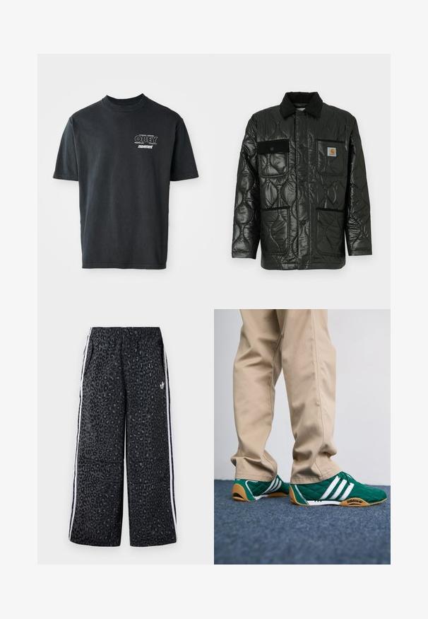 Crna kviltana jakna s sjajnom završnom obradom, koja ima ovratnik, četiri zakrčena džepa i crne baršunaste detalje.; Crni pamučni majica kratkih rukava s okruglim izrezom i bijelim grafičkim natpisom "OBEY" i "movement" na prsima.; adidas Originals GRAPHIC UNISEX - Donji dijelovi trenirke - black; Zelene kvadrate tenisice s bijelim prugama i smešim gumenim potplatima, uparene s bež hlačama. Dizajn se odlikuje niskim profilom i teksturiranim materijalom.