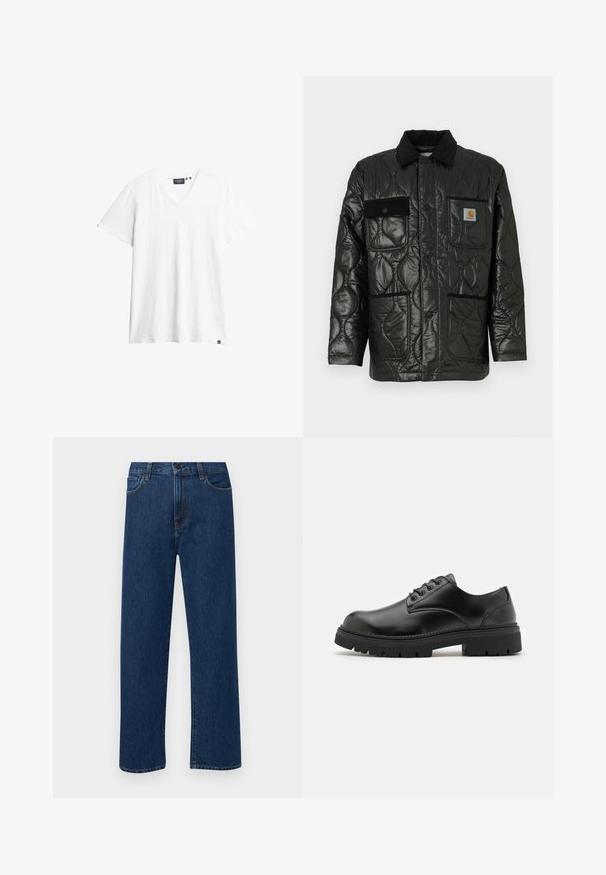 Sort quilted jakke med en blank finish, der har krave, fire påsyede lommer og sorte kordfløjlsdetaljer.; Hvid V-hals t-shirt lavet af blødt stof. Korte ærmer med en afslappet pasform. Lille mærke nederst til venstre i kanten. Minimalistisk design.; Mørkeblå straight-leg denim jeans med forhåndslommer og knaplukning, vist på en ensfarvet hvid baggrund.; Sorte lædersko med rund tå, snørelukning og en tykk, struktureret gummisål. Har syninger langs kanten og en glat overflade.