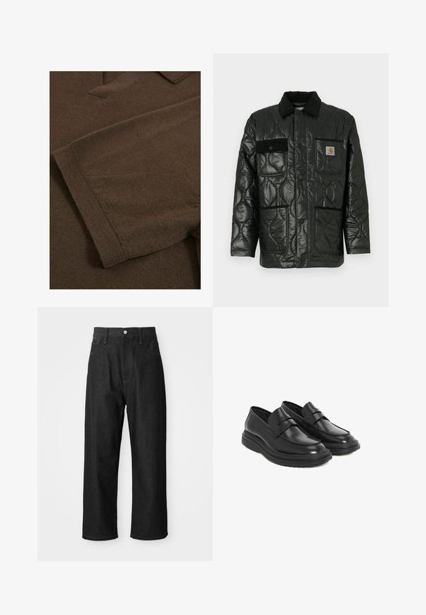 Must valgete õmblustega tikitud jope läikiva viimistlusega, millel on kraed, neli kott-taskut ja mustast korduroost detailid.; Pruun kudumaterjal, millel on pehme tekstuur, krae ja lühikesed varrukad, millel on lihtne disain ilma mustrite ja kaunistusteta.; Mustad teksad, millel on mugav lõige, kõrge talje, tõmblukk ja viie tasku disain. Silmatorkavad õmblused üle kogu.; Mustad mustad nahast sussid, ümarate varvastega, õmblusdetailide ja platvorm-kummitaldadega. Omab dekoratiivset rihma üle varba.