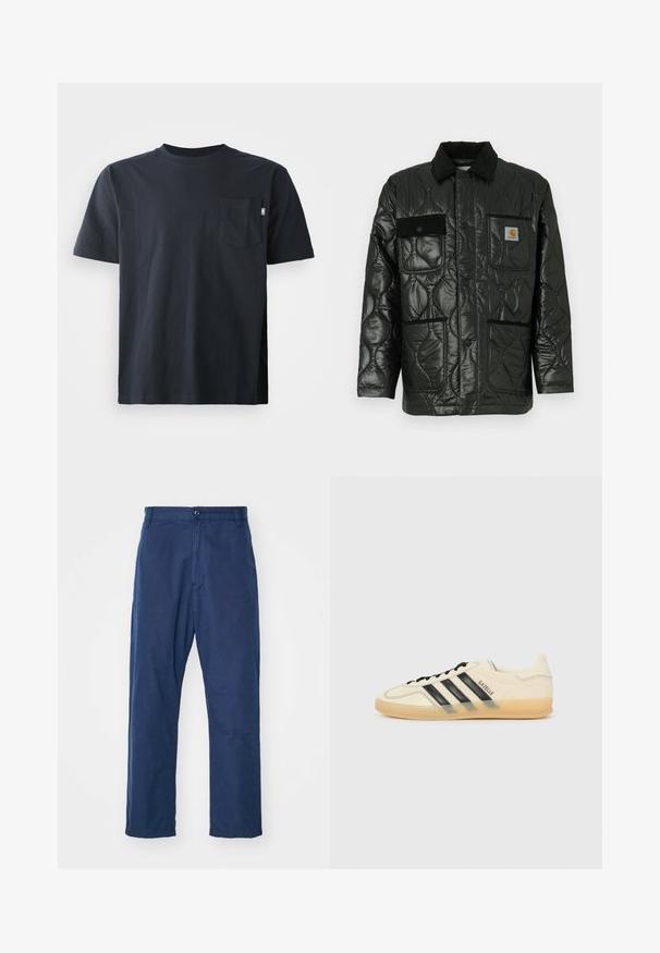 Melnā tamborētā jaka ar spīdīgu apdari, ar apkakli, četrām kabatām un melnas korduroja detaļām.; Tumši zilas kokvilnas T-krekls ar apaļu kakla izgriezumu un īsām piedurknēm. Iekļauta viena krūšu kabata un taisna apakšmalas konstrukcija.; Jūras zilas, taisnas kājas bikses, izgatavotas no kokvilnas. Tām ir priekšējā pogu aizdare un smalks tekstūra, kā arī sānu kabatas un jostas cilpas.; Gaiši krēms sporta apavi ar melnu trīs svītru dizainu, teksturētu augšējo daļu, noapaļotu purngaliem un gumijas zoli. Iespējas ietver auklas un zīmolu sānos.