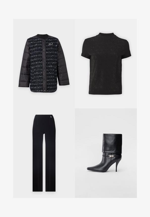 Crna i tamnoplava podstava jakna s teksturiranom prednjom tkaninom, s kopčanjem na dugmad i izvezenim logotipom. Glatke rukave i donji rub.; Crni kratki rukavići s visokim vratom i tekstualnim uzorkom s dijamantnim detaljima. Meken materijal s glatkom završnom obradom i suptilnim sjajem.; Crne ravne hlače s visokim strukom, suptilnim prednjim nabranima, glatkom teksturom i metalnim logotipom u blizini struka.; Crna kožna gležnjača s šiljastim prstom, visokim stiletto potplatom, preklopnim rubom i zlatnom dekorativnom kopčom na gležnju.