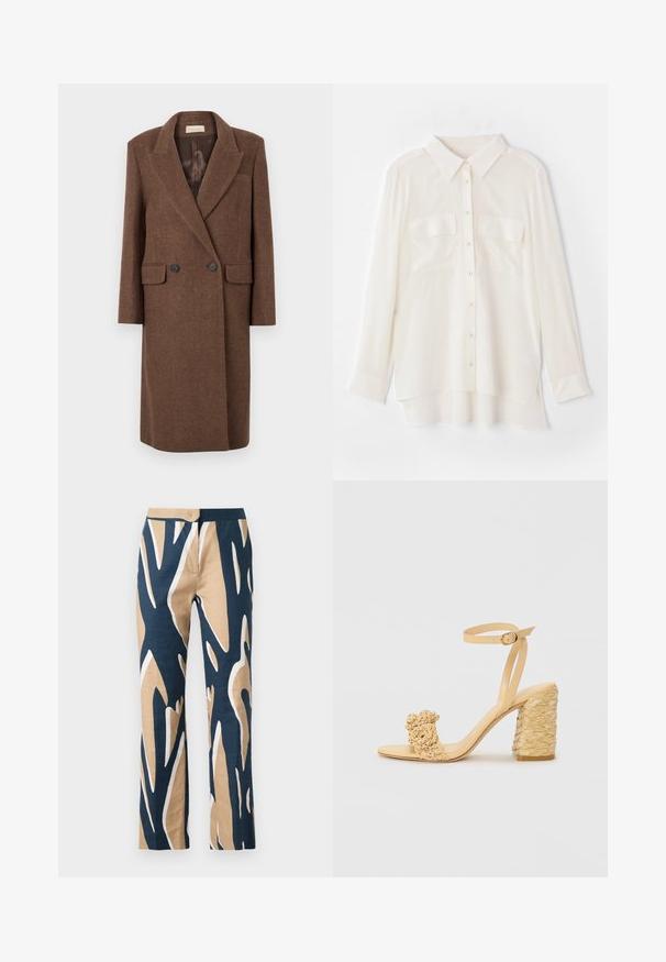 Bruin dubbelzijdig wollen jas met een gegoten revers, twee voorzakken en zwarte knopen, voorzien van een gladde binnenvoering.; Witte overhemd met knopen, gemaakt van lichtgewicht stof. Heeft een klassieke kraag, twee borstzakken en een iets langere achterkant.; Wijde pijpen broek in marineblauw, beige en wit grafisch patroon. Gemaakt van lichtgewicht stof met een gladde textuur en een getailleerde taille.; Beige hoge hak sandaal met een gevlochten textuur, voorzien van een decoratieve bloem en enkelbandje. Vierkante hak zorgt voor stabiliteit.