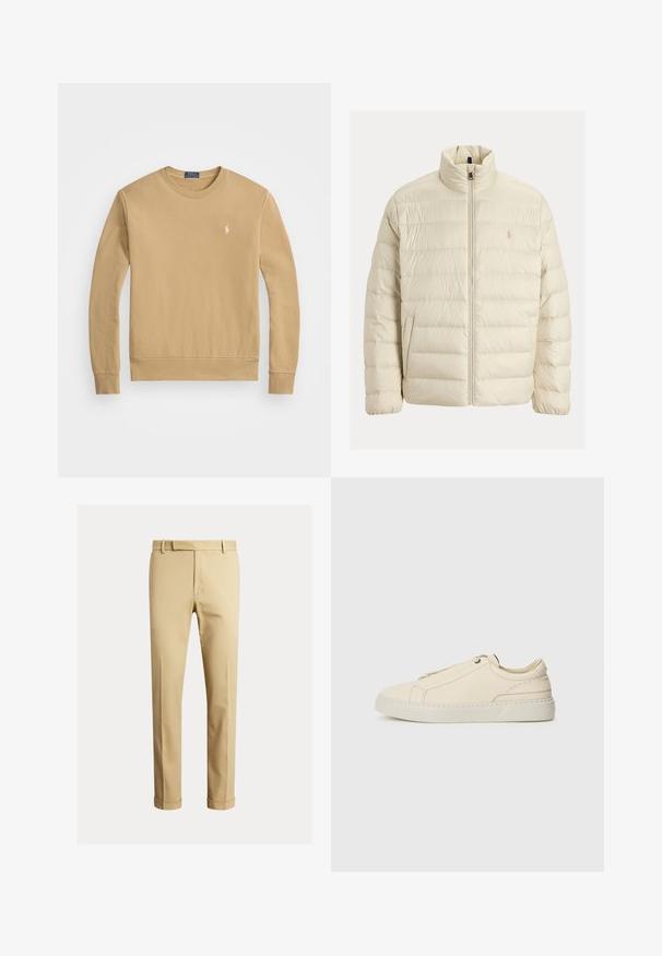 Chaqueta acolchada color crema, hecha de material acolchado. Cuenta con un cuello alto, cremallera frontal y logotipo tonal en el pecho.; Sudadera color camel hecha de algodón. Presenta un escote redondo, puños y dobladillo acanalados, con un pequeño logo en el pecho.; Chinos caqui hechos de una suave tela de algodón, con un diseño ajustado, pliegues frontales y puños en los tobillos para un aspecto ajustado.; Zapatilla de cuero beige con punta redondeada, diseño minimalista, detalles de costura sutiles y parte superior texturizada, sobre una suela clara.
