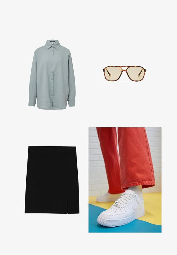 Ruskea trench-coat, jossa on kaksirivinen malli, suuri kaulus, pitkät hihat, vyö vyötäröllä ja kaksi etutaskua. Sileä kangas.; Vaaleansininen, pitkähiha- nappipusero. Valmistettu pehmeästä, teksturoidusta kankaasta, jossa on tavanomainen kaulus, nappikiinnitys edessä ja hihansuissa napit.; Valkoinen lyhythihainen t-paita, joka on valmistettu pehmeästä kankaasta. Sillä on pyöreä pääntie ja yksinkertainen, siisti muotoilu suoralla helman lopulla.; Mustat minihameet pehmeästä kankaasta, tiukka muotoilu, sivussa on pieni halkio lisäyksinä.; Valkoinen nahkakengät, joissa on rei'itetty varvasosa, teksturoitu pohja ja valkoiset nauhat, yhdistettynä leveisiin punaisiin housuihin ja sinikeltaiseen taustaan.; Ruskikuvioiset aurinkolasit, joissa on suuret suorakulmaiset linssit ja ohut kehys. Varustettu sillalla lisää mukavuutta ja tyyliä varten.