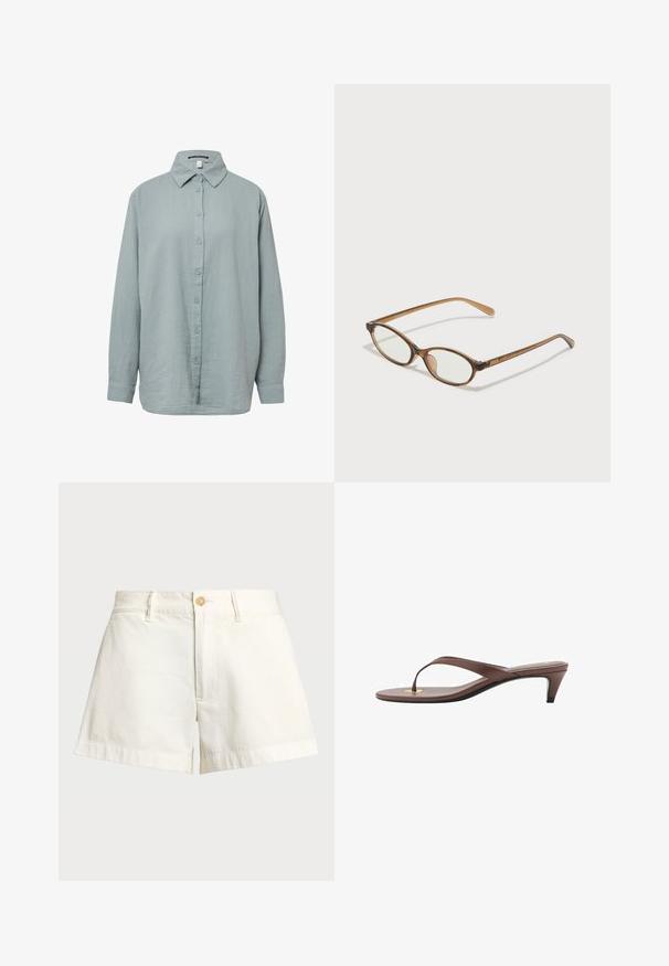 Brown trench coat with a double-breasted design, large collar, long sleeves, belt at waist, and two front pockets. Smooth fabric texture.; Light blue, long-sleeve button-up shirt. Made of soft, textured fabric with a standard collar, featuring a button-down front and cuffed sleeves.; White short-sleeve t-shirt made of soft fabric. Features a round neckline and a simple, clean design with a straight hemline.; White cotton shorts with a straight cut, featuring a button closure, side pockets, and a cuffed hem for a clean finish.; Brown heeled flip-flop sandal with a slender strap and rounded toe post, featuring a small gold accent on the footbed.; Brown tortoiseshell glasses with oval lenses, thin arms, and transparent accents. Features a subtle logo on the temple. Sleek, lightweight design.