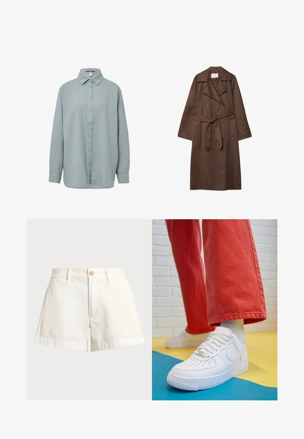 Hnědý trenčkot s dvouřadovým designem, velkým límcem, dlouhými rukávy, páskem v pase a dvěma předními kapsami. Hladká textilie.; Světle modrá, dlouhá button-up košile s dlouhými rukávy. Vyrobena z měkké, texturované látky se stojáčkem, má zapínání na knoflíky vpředu a rukávy s manžetami.; Bílá tričko s krátkým rukávem vyrobené z měkké látky. Má kulatý výstřih a jednoduchý, čistý design s rovnou spodní částí.; Bílé bavlněné šortky s rovnýms střihem, se zapínáním na knoflík, bočními kapsami a ohrnutým lemem pro uhlazený vzhled.; Bílé kožené tenisky s perforovanou špičkou, texturovanou podešví a bílými tkaničkami, v kombinaci s širokými červenými kalhotami a modro-žlutým pozadím.